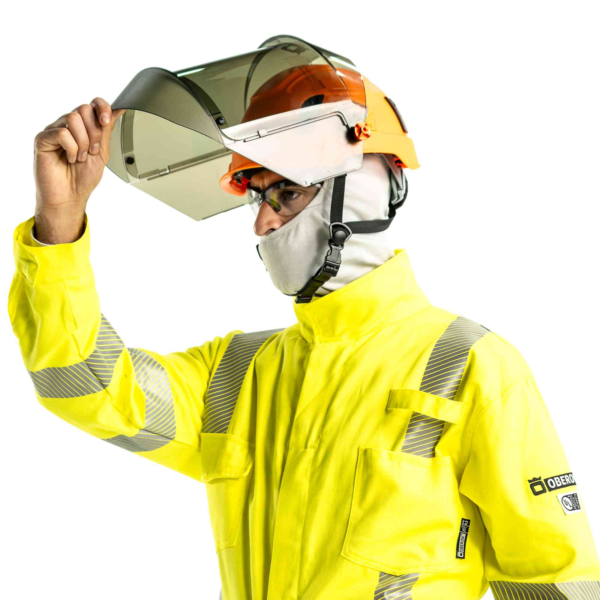 12 Cal Arc Flash Face Shield w/ Safety Helmet Adapters LifestyleImage