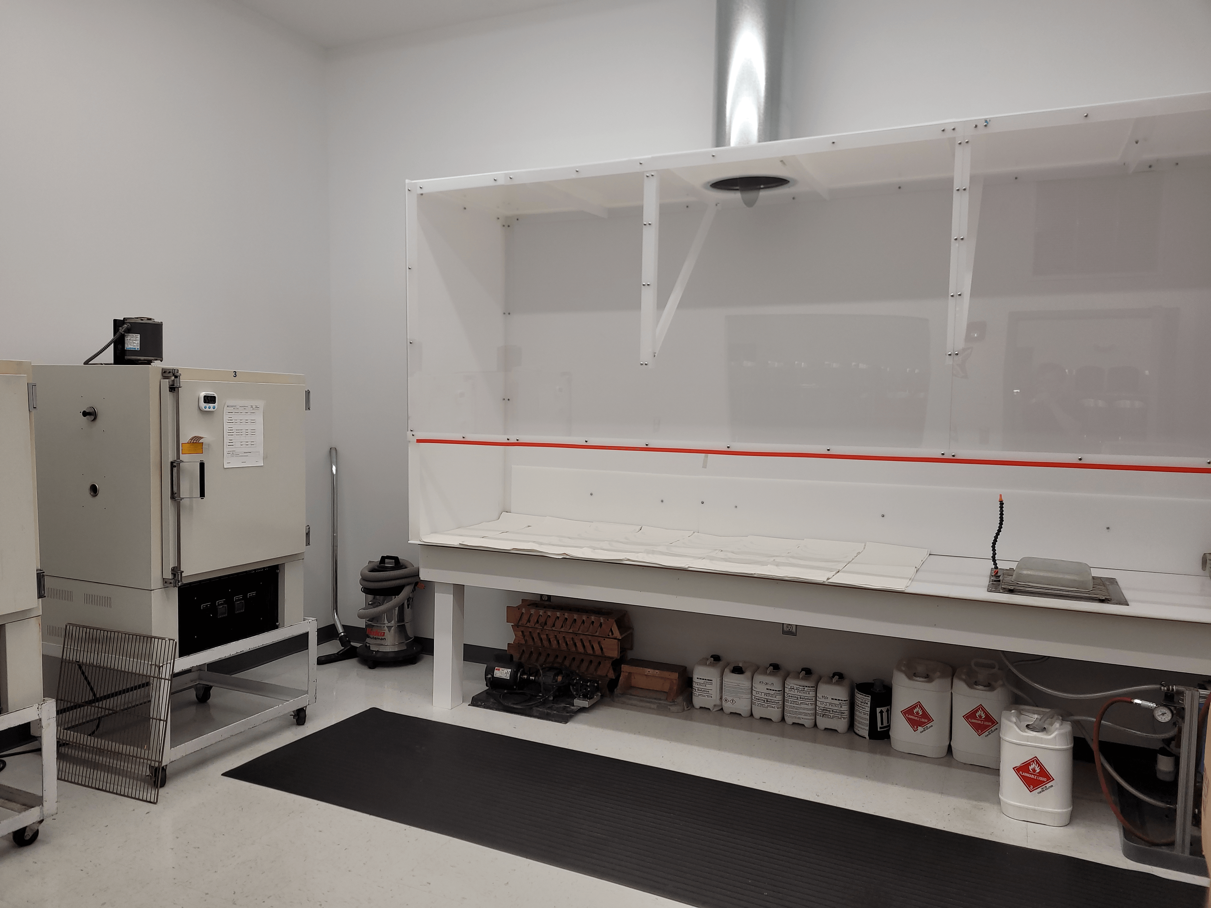 Coating Room with ovens, drying area, and sink.