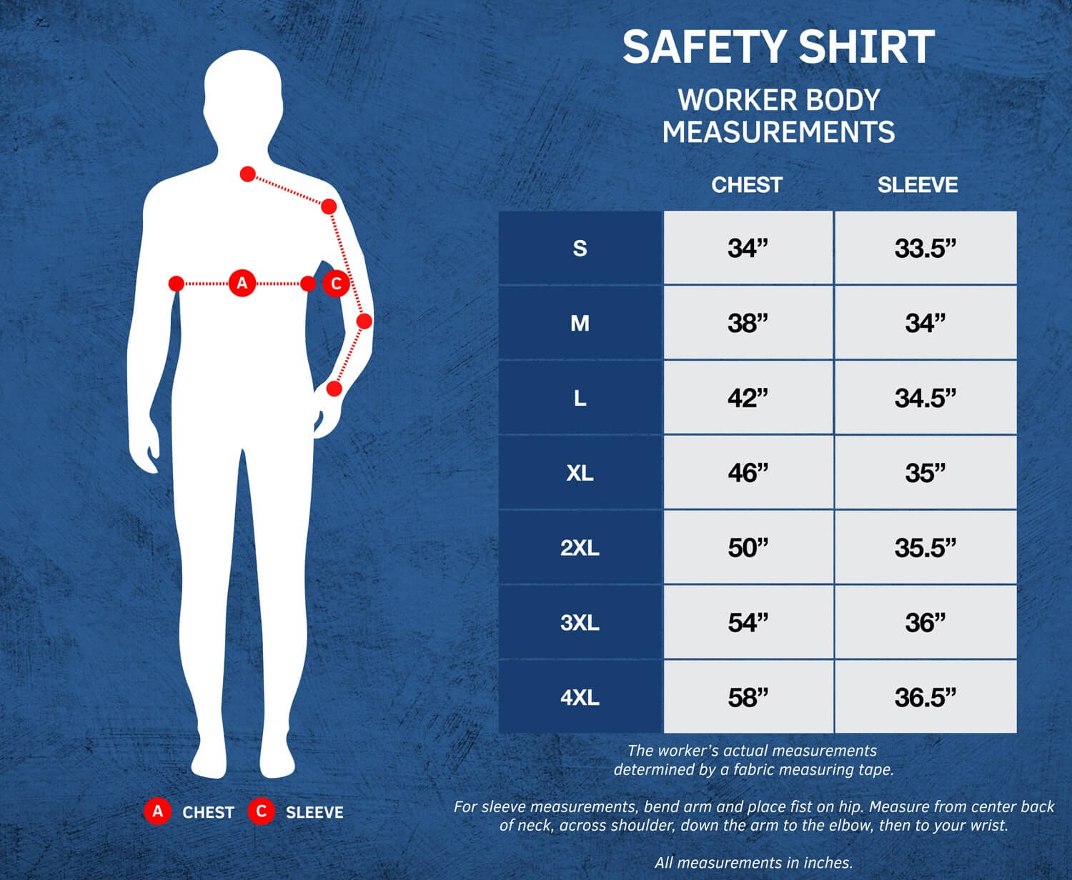 Oberon Workwear Safety Shirt Sizing Chart